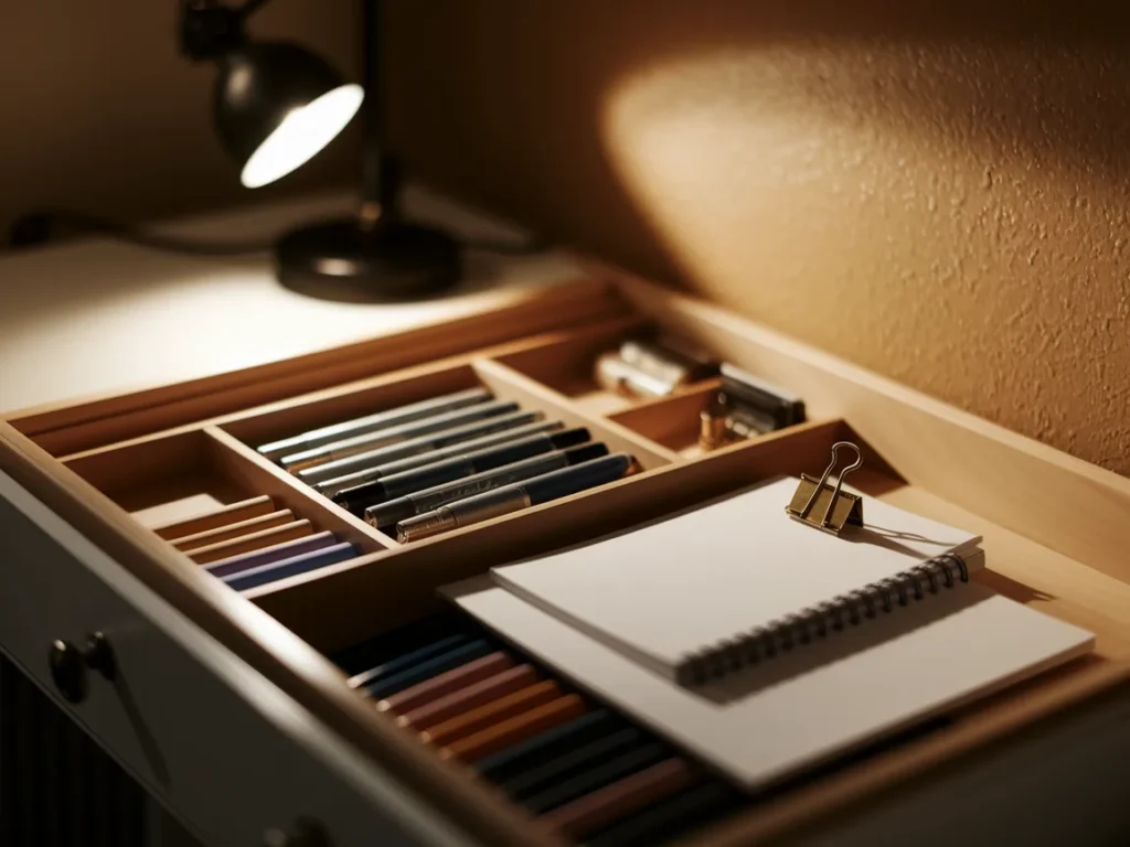 Dorm desk drawer open with dividers organizing 