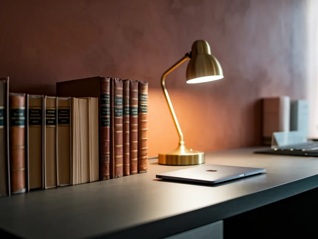 Dorm desk setup with desk lamp, books and laptop