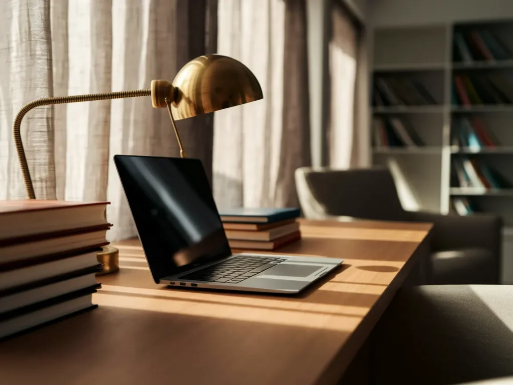 Dorm desk with desk lamp