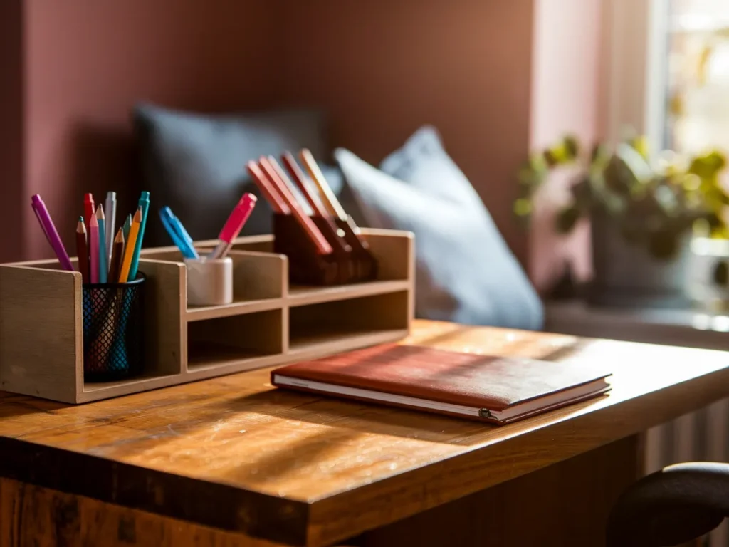 Dorm desk with simple desk organizer holding supplies