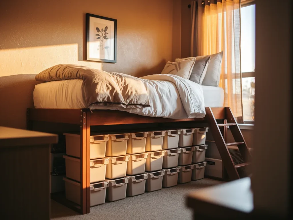 Dorm room bed raised with bed risers