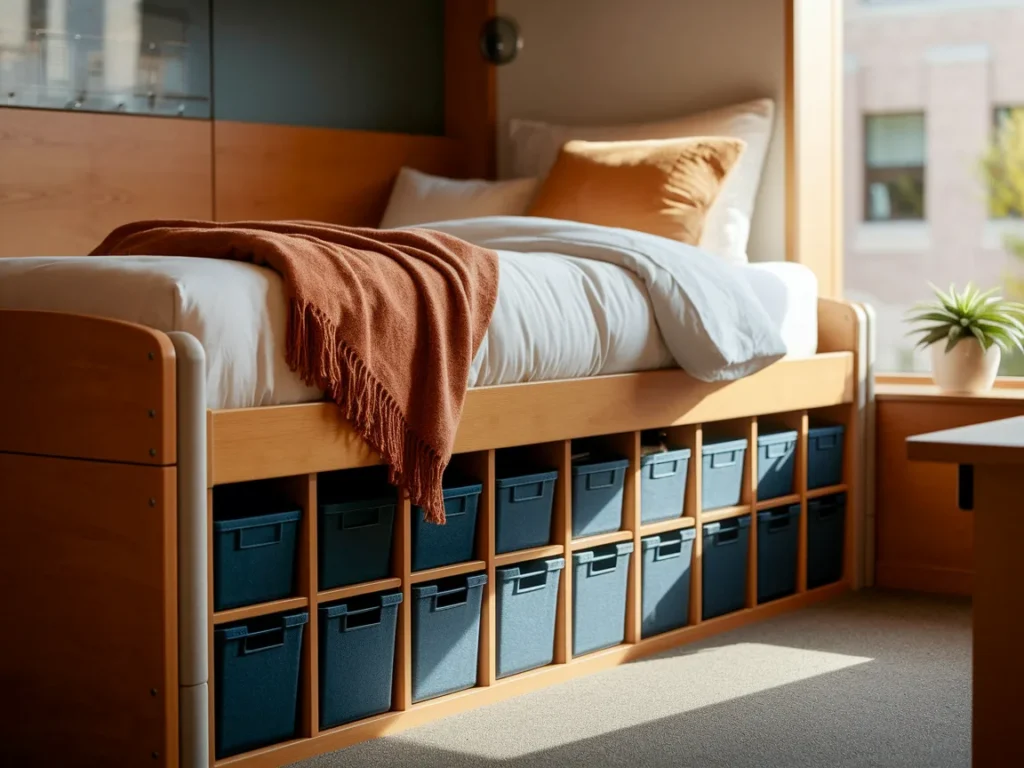 Dorm room bed raised with bed risers