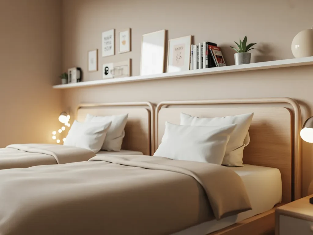 Dorm room bed with clean simple headboard styling