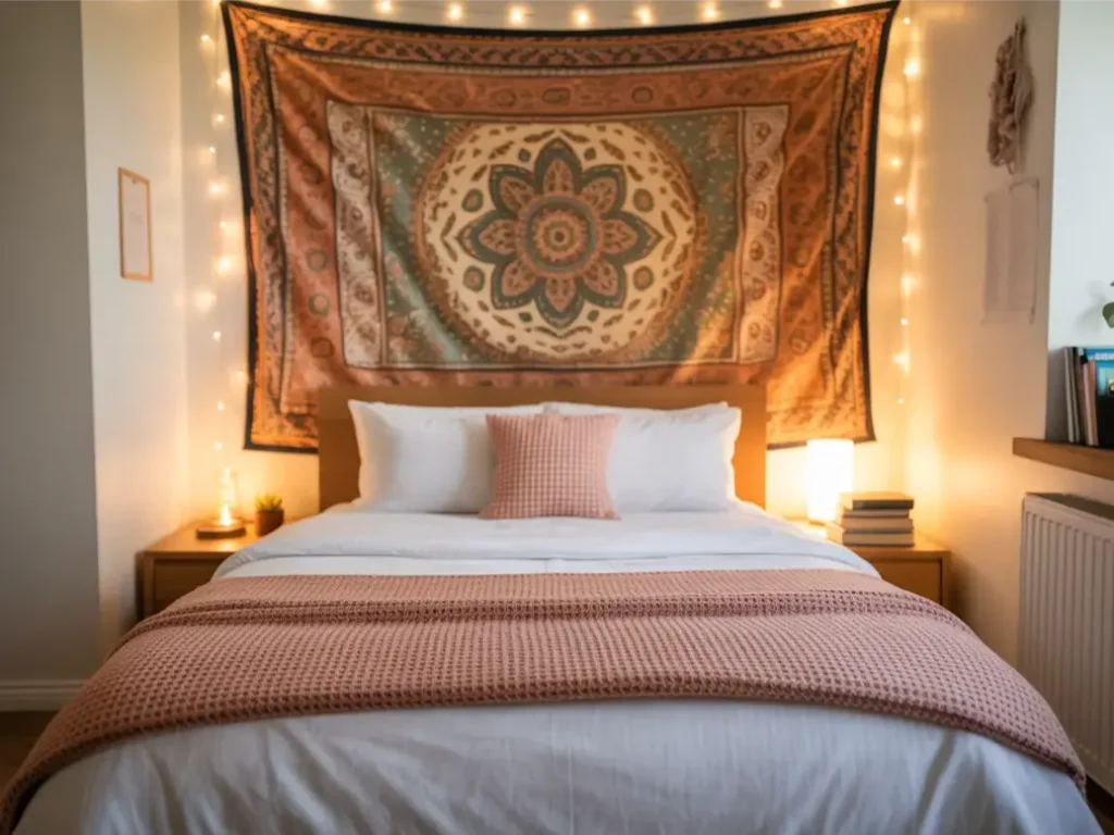 Dorm room bed with tapestry used as headboard wall decor