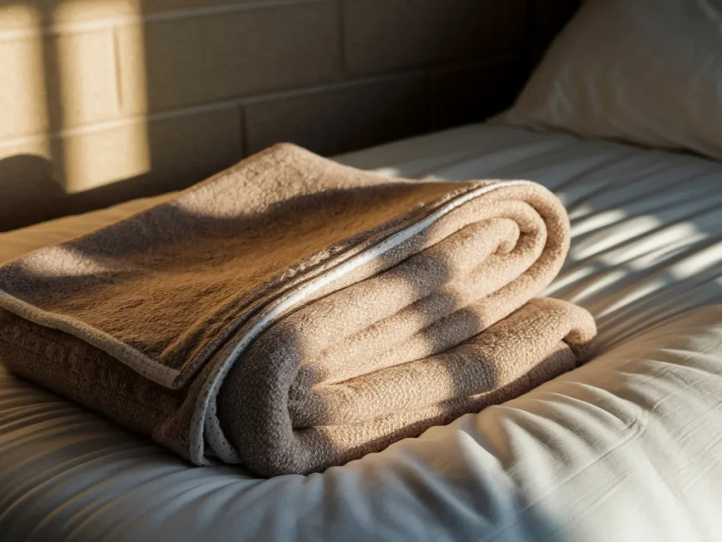 Dorm room bed with warm throw blanket folded neatly