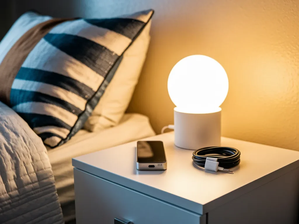 Dorm room bedside charging setup