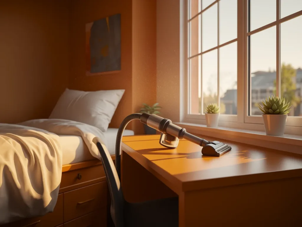 Dorm room cleaning setup with handheld