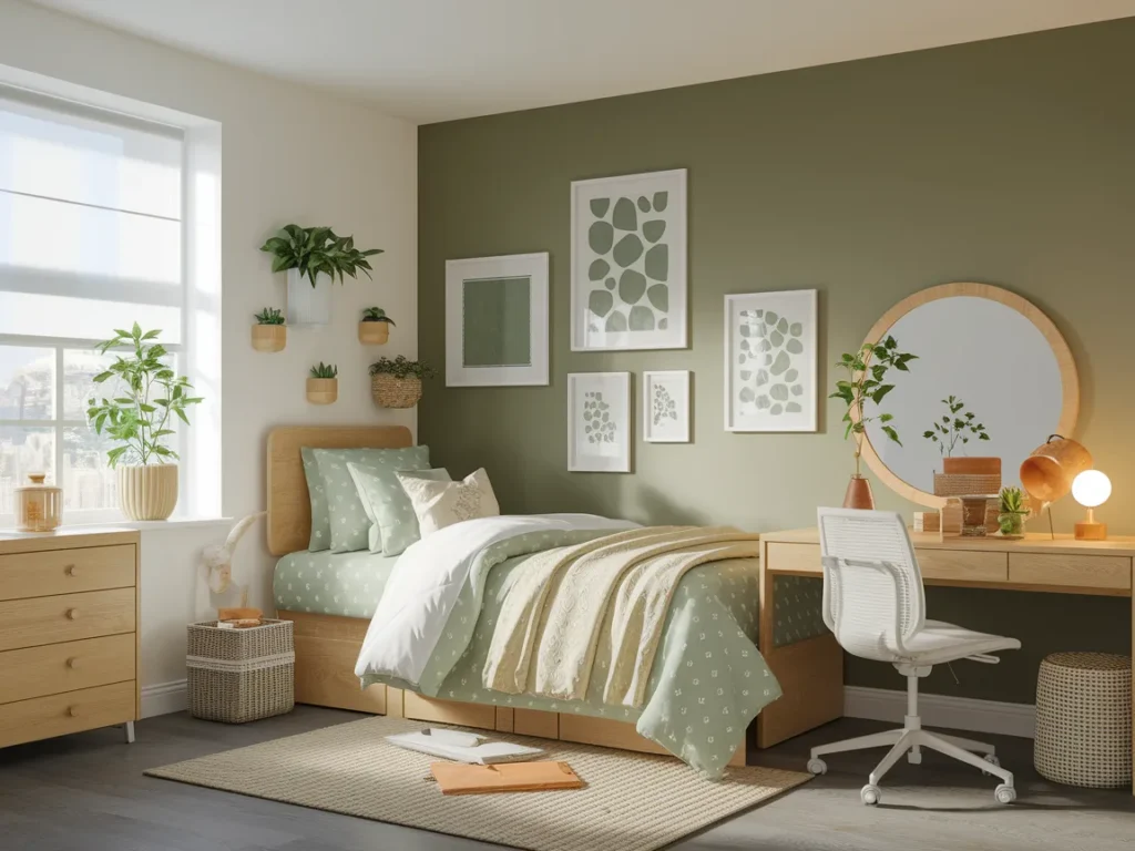 Dorm room color design with sage green and cream bedding