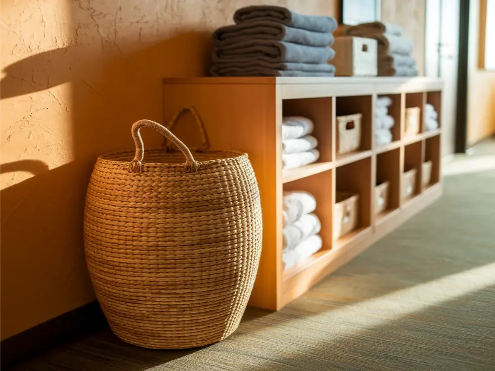 Dorm room corner with laundry sorting hamper