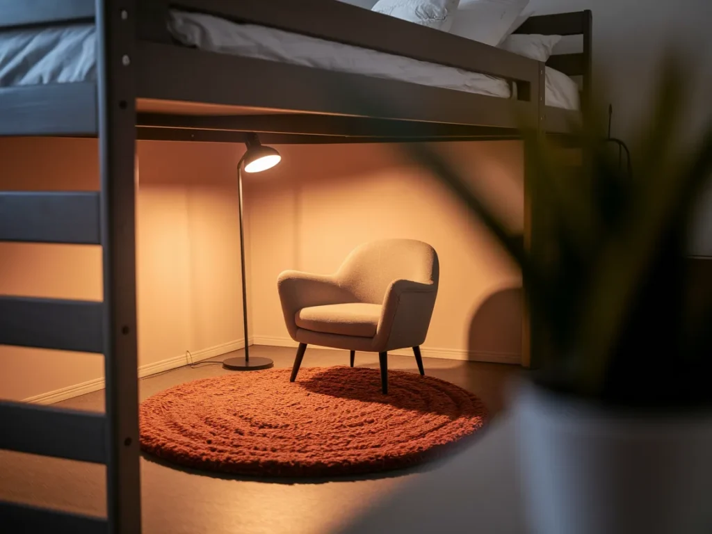 Dorm room corner with round rug under chair