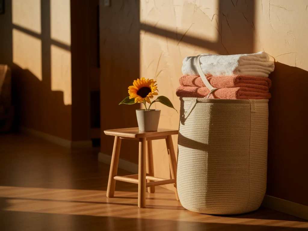 Dorm room corner with slim laundry hamper