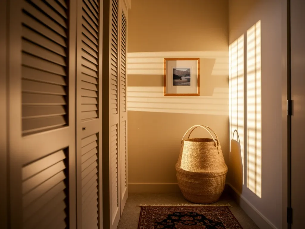 Dorm room corner with slim laundry hamper near closet
