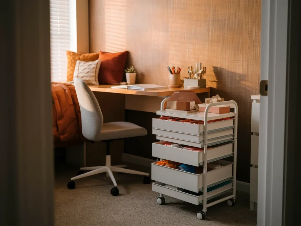 Dorm room rolling drawer cart beside desk