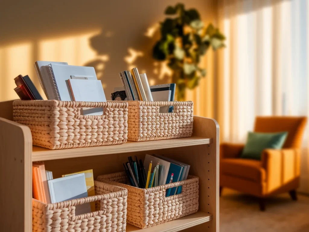 Dorm room shelf with storage baskets organizing small items