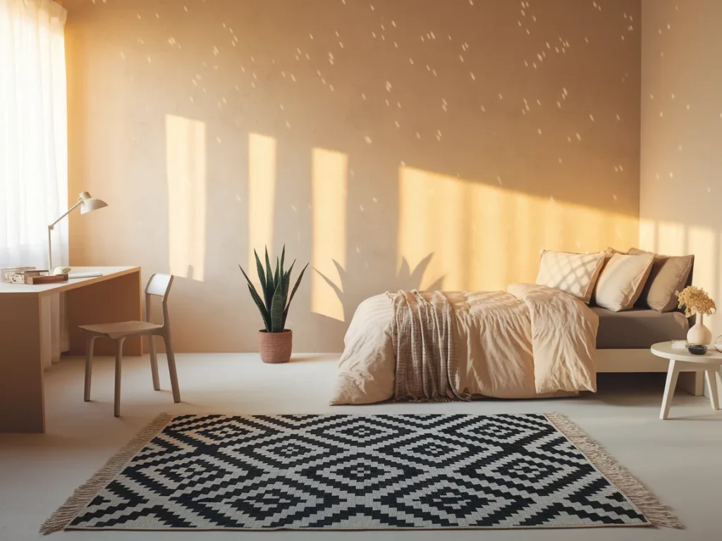 Dorm room with black and white rug