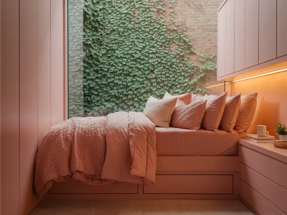 Dorm room with blush pink and warm neutral decor