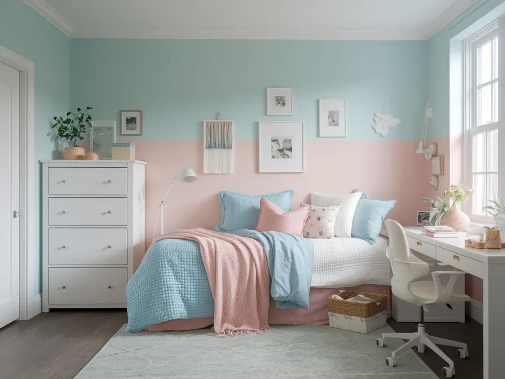 Dorm room with controlled pastel mix decor