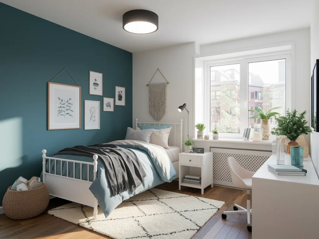 Dorm room with dusty blue and white color theme