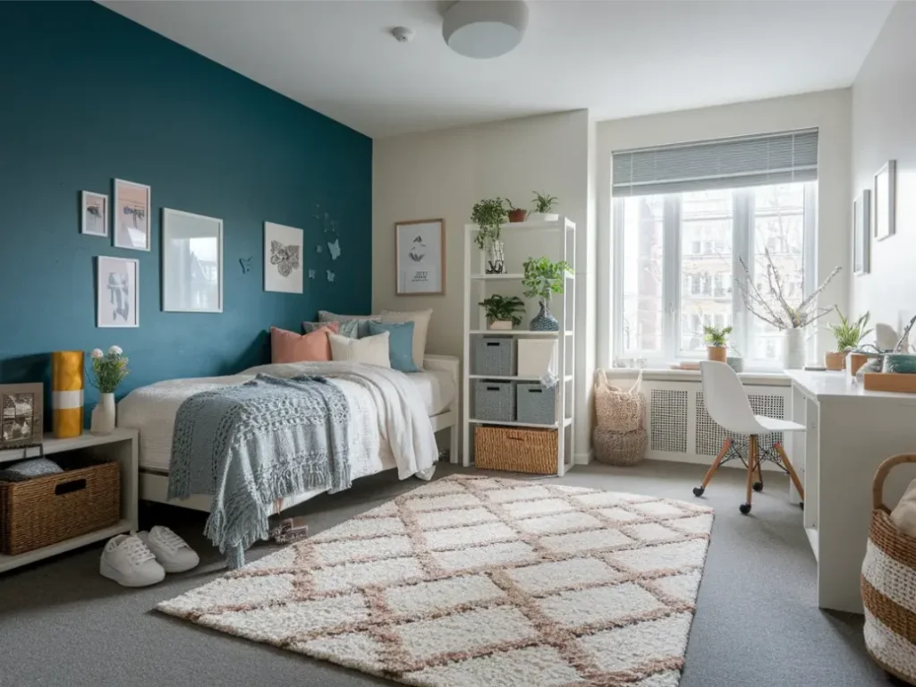 Dorm room with layered rugs