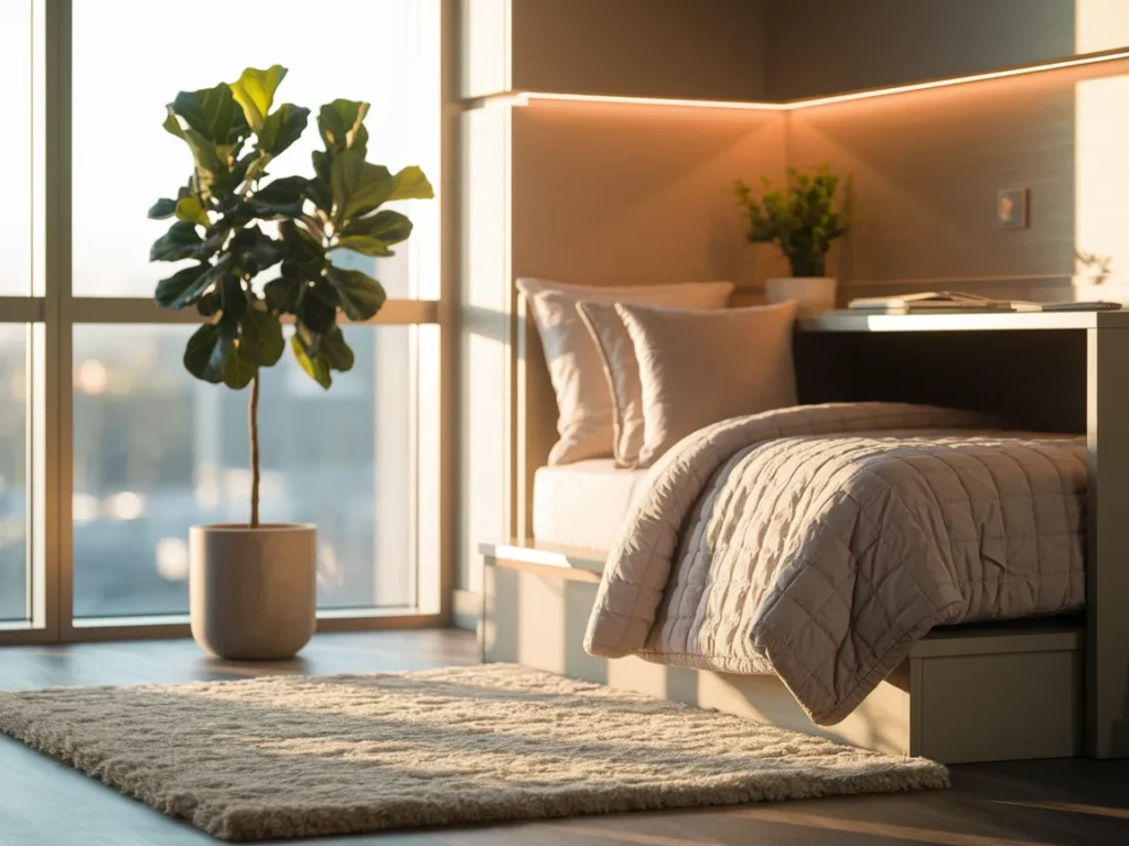 Dorm room with neutral low-pile area rug, cozy clean setup