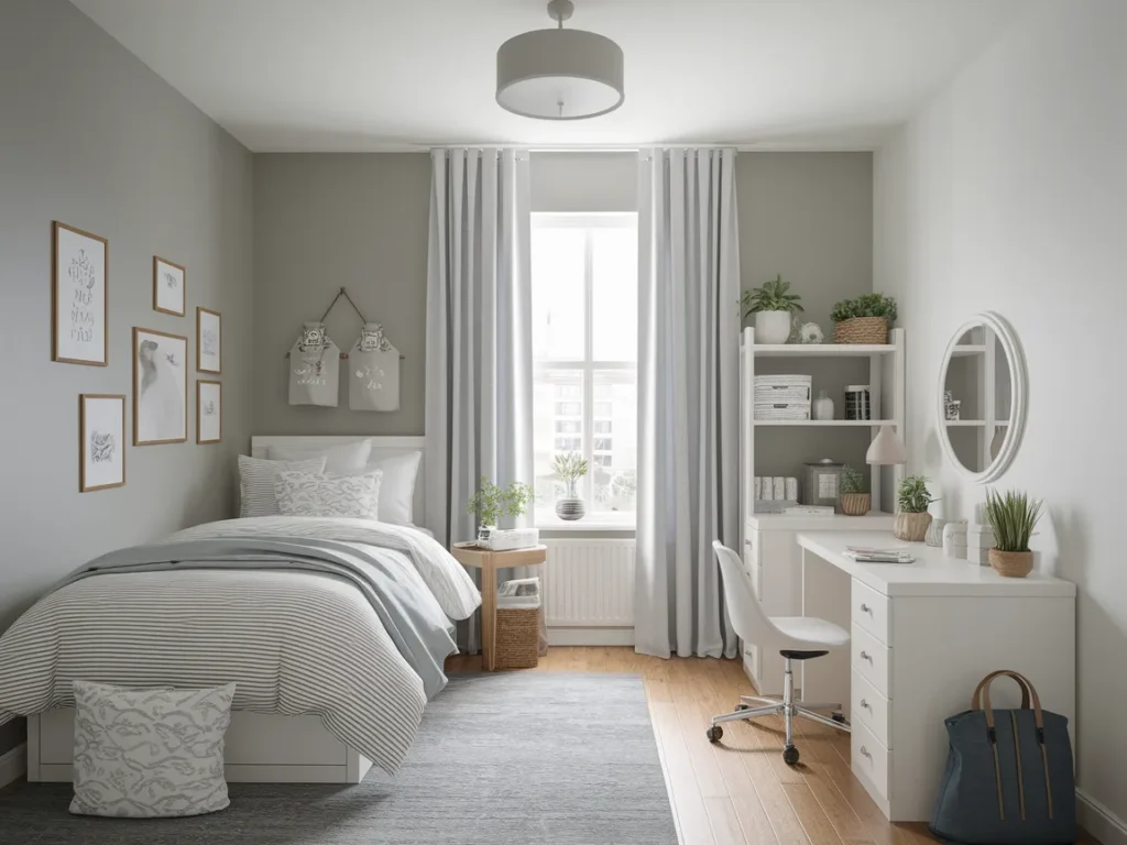  Dorm room with soft gray and white color theme