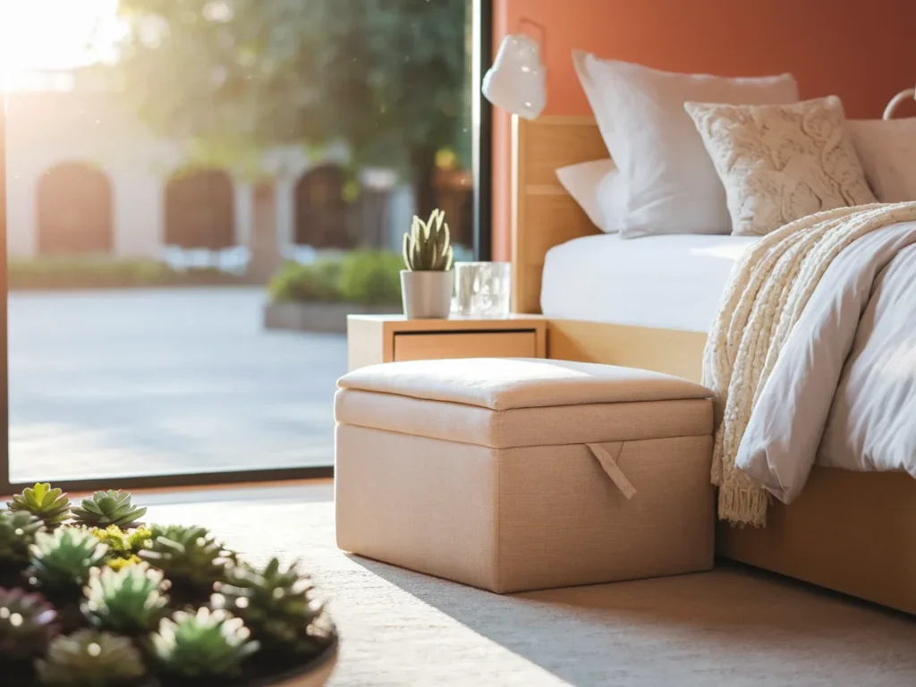 Dorm room with storage ottoman near bed