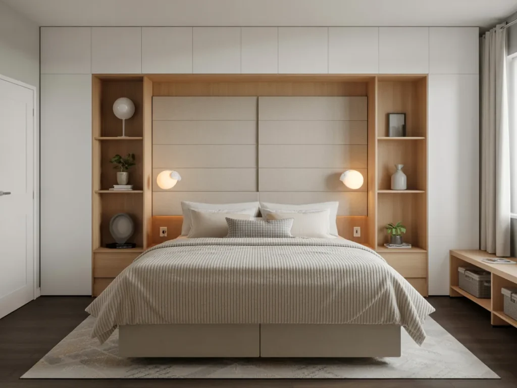  Dorm room with upholstered headboard panel attached to wall