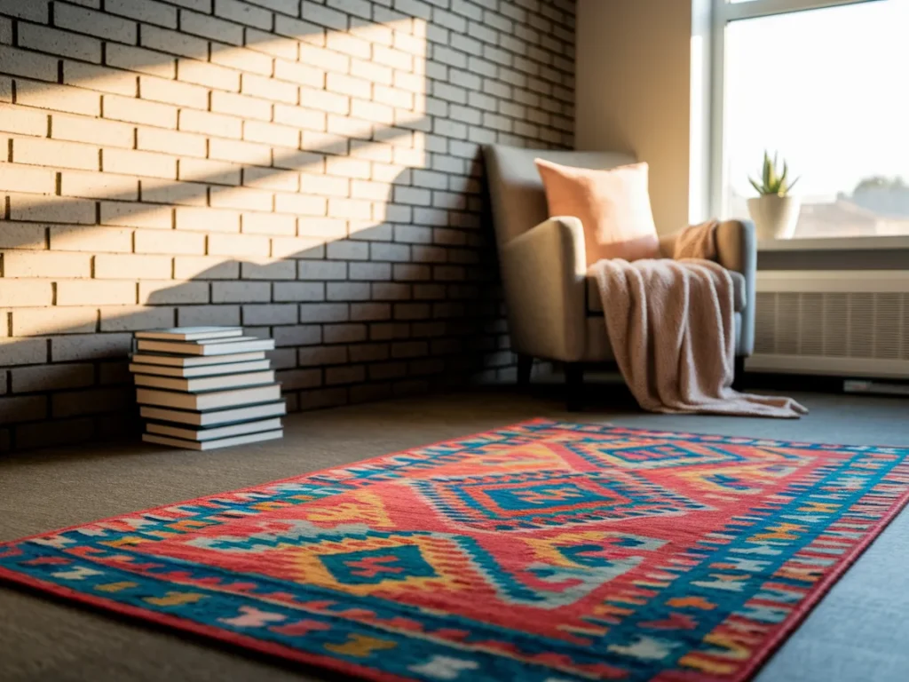Dorm room with washable patterned rug