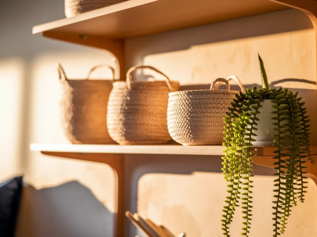 Dorm shelf styled with neutral baskets and one plant