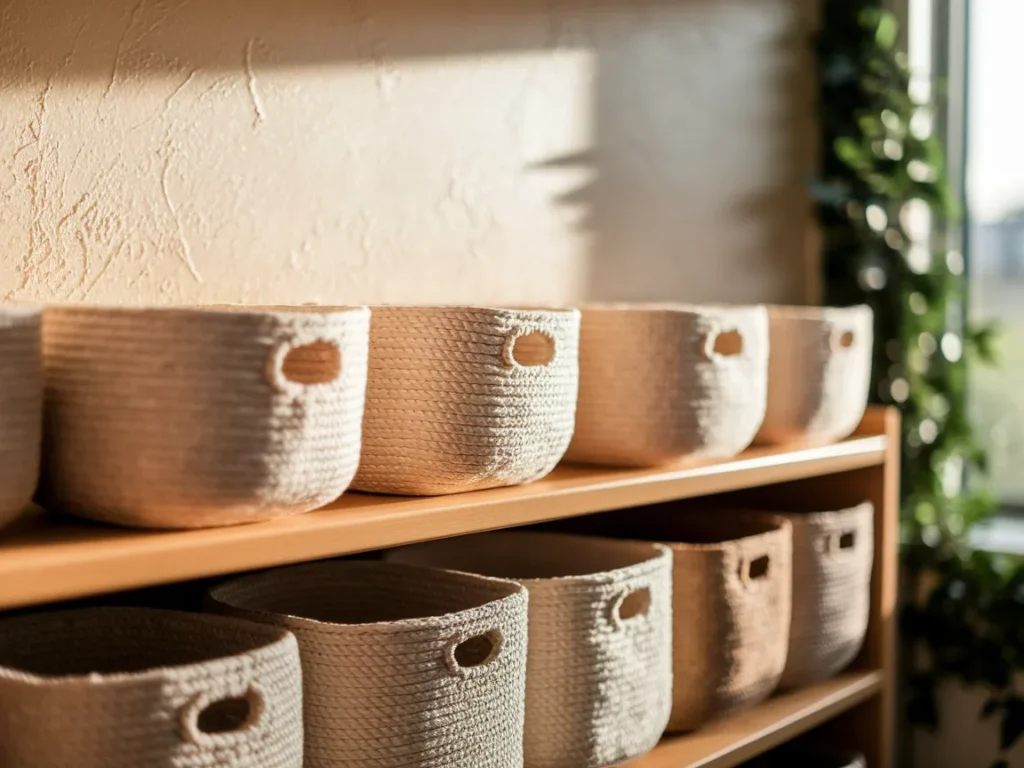 Dorm shelf with neutral storage baskets