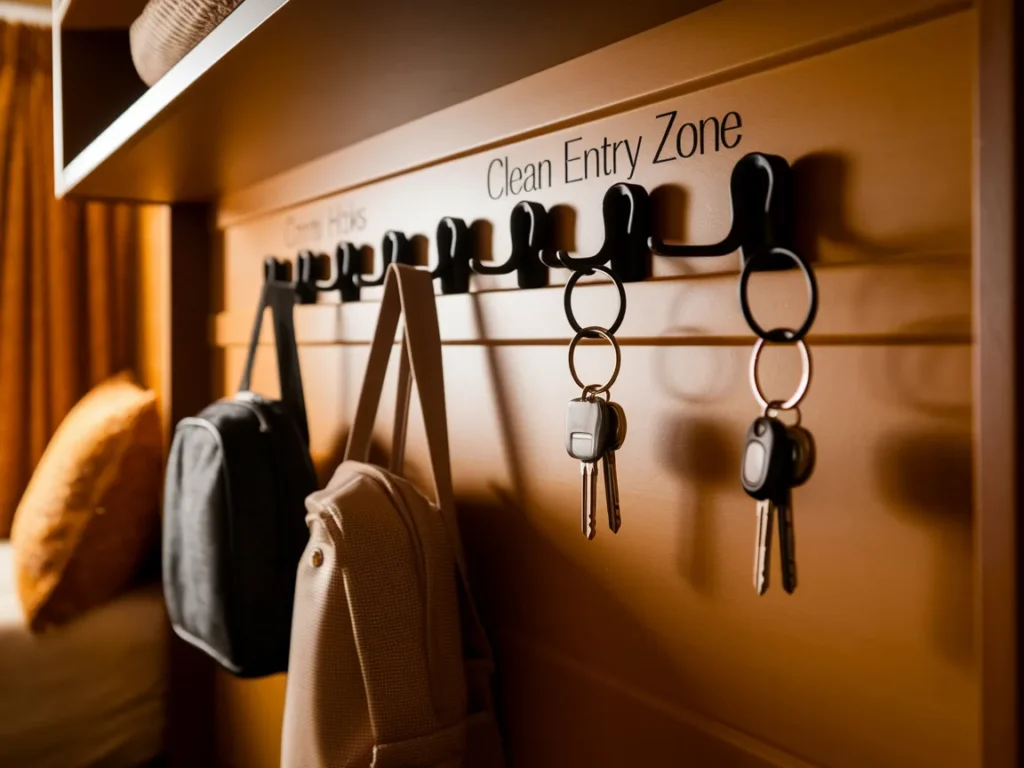 Dorm wall with command hooks holding bags