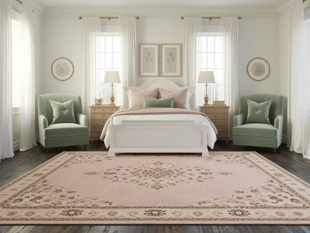 Dusty blush pink area rug with subtle floral medallion