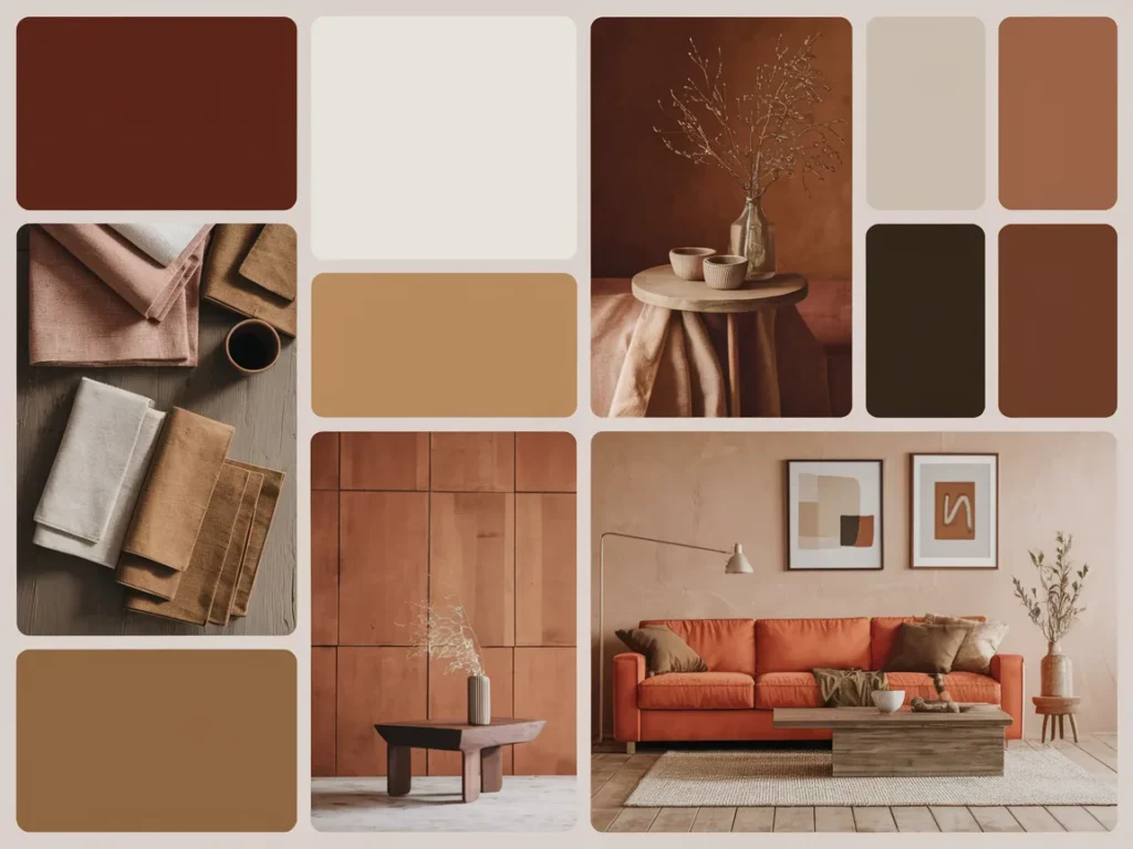 Earth tone mood board collage with clay