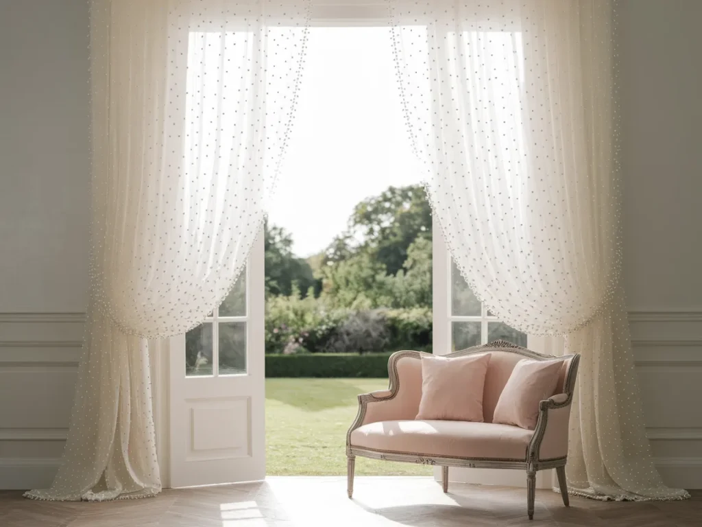 Elegant white voile curtains with tiny pearl details