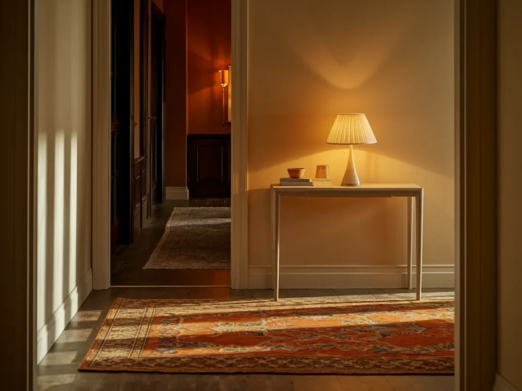 Entryway console table with warm table lamp