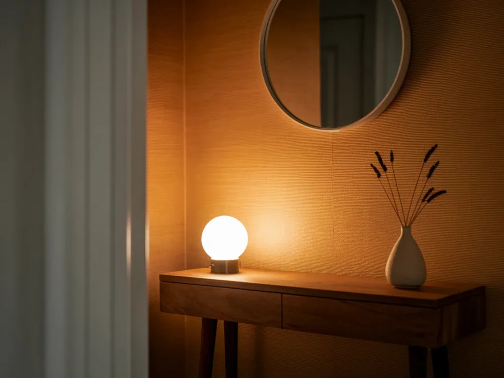 Entryway console with small warm lamp