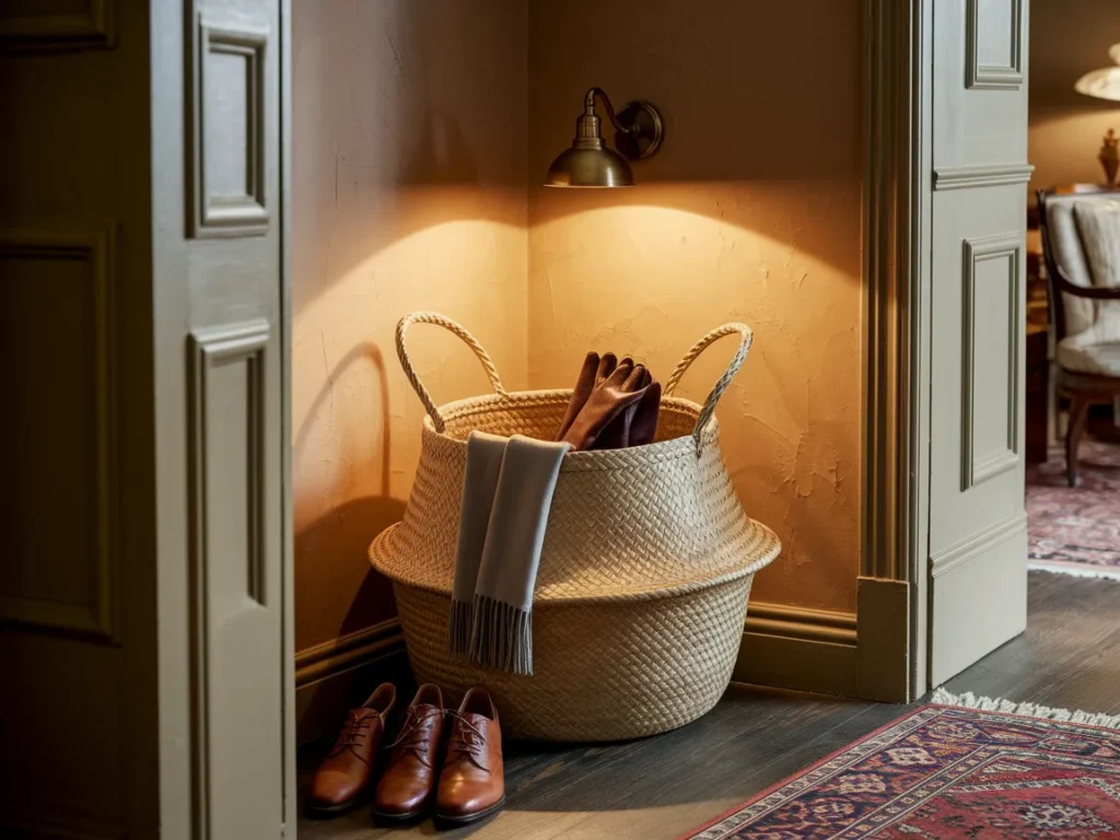 Entryway corner with woven storage basket 
