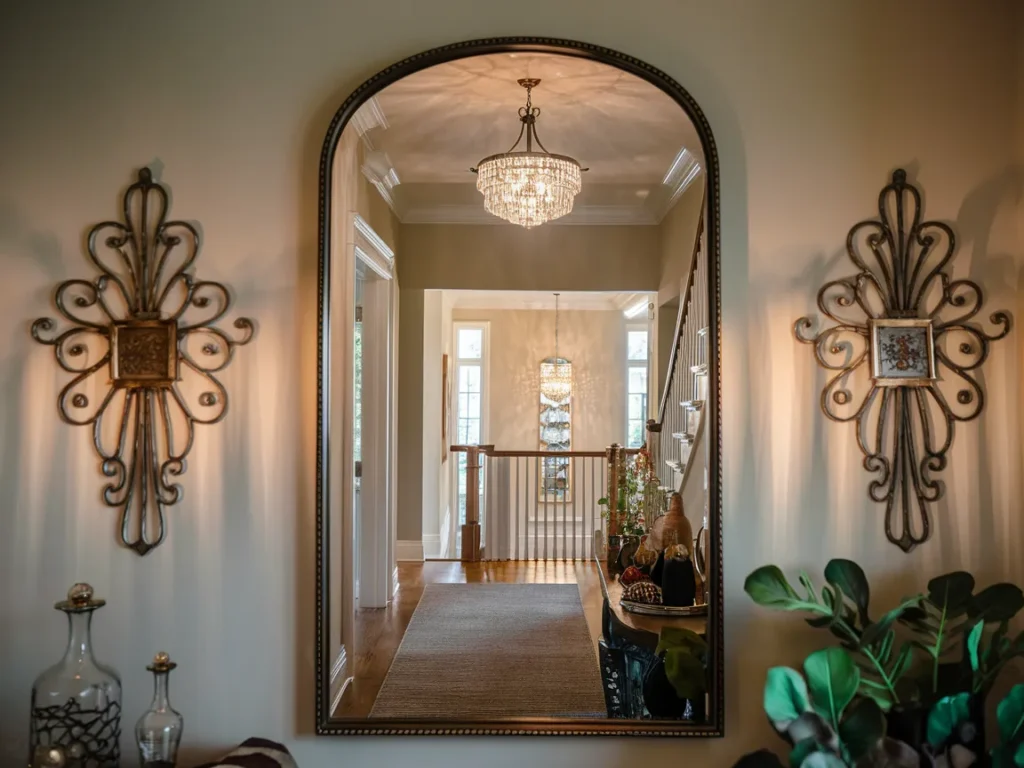 Entryway mirror reflecting hallway lighting,