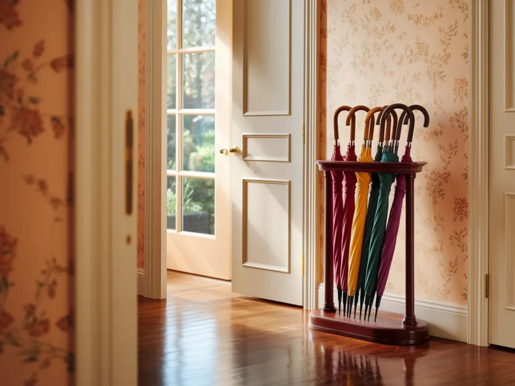 Entryway near door with umbrella stand and umbrellas