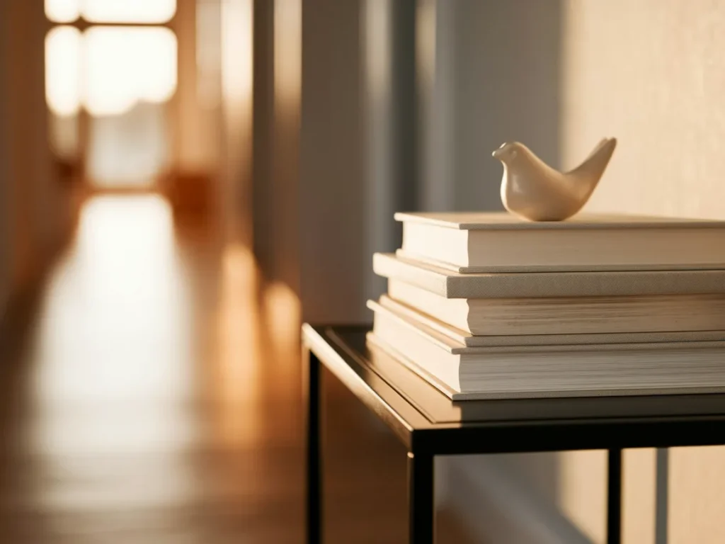 Entryway table with stacked neutral books