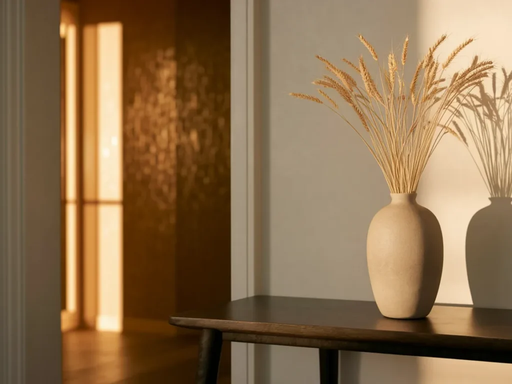 Entryway table with tall neutral vase and simple stems