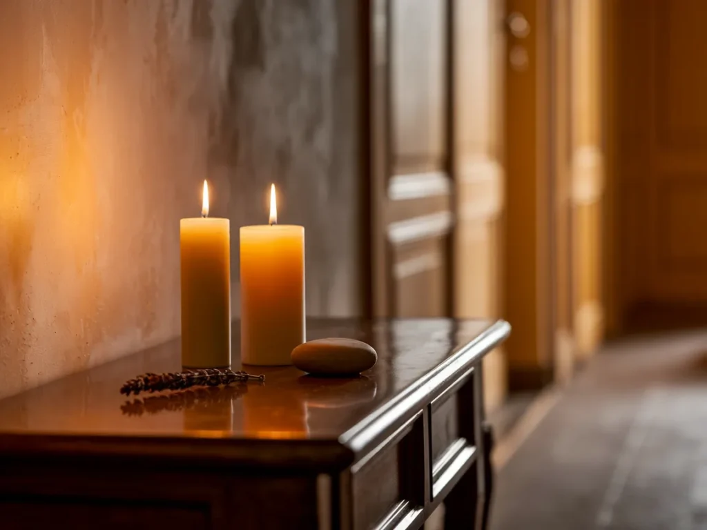 Entryway table with two candles in different heights
