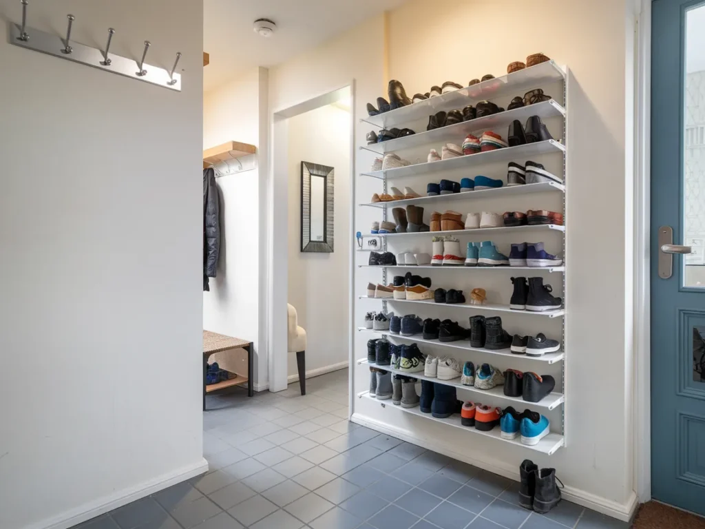 Entryway wall-mounted shoe storage in use