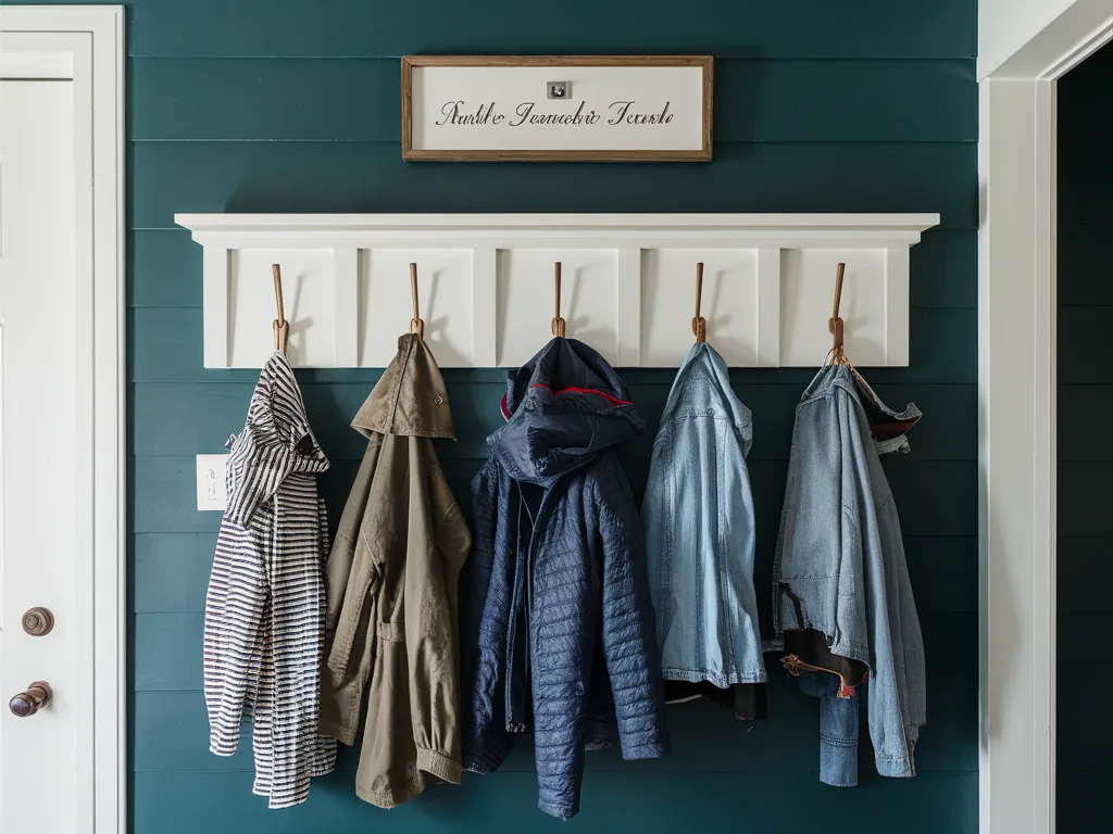 Entryway wall with hooks and small sign above