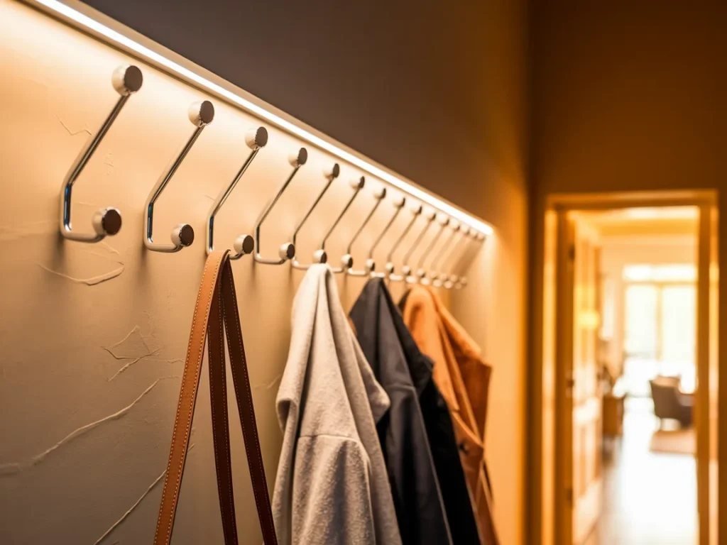 Entryway wall with stylish hooks holding jackets