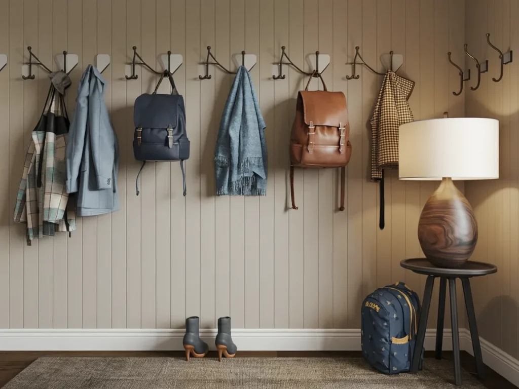 Entryway with vertical hooks arranged cleanly