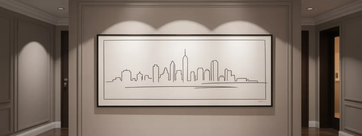 Entryway with wide cityscape line drawing
