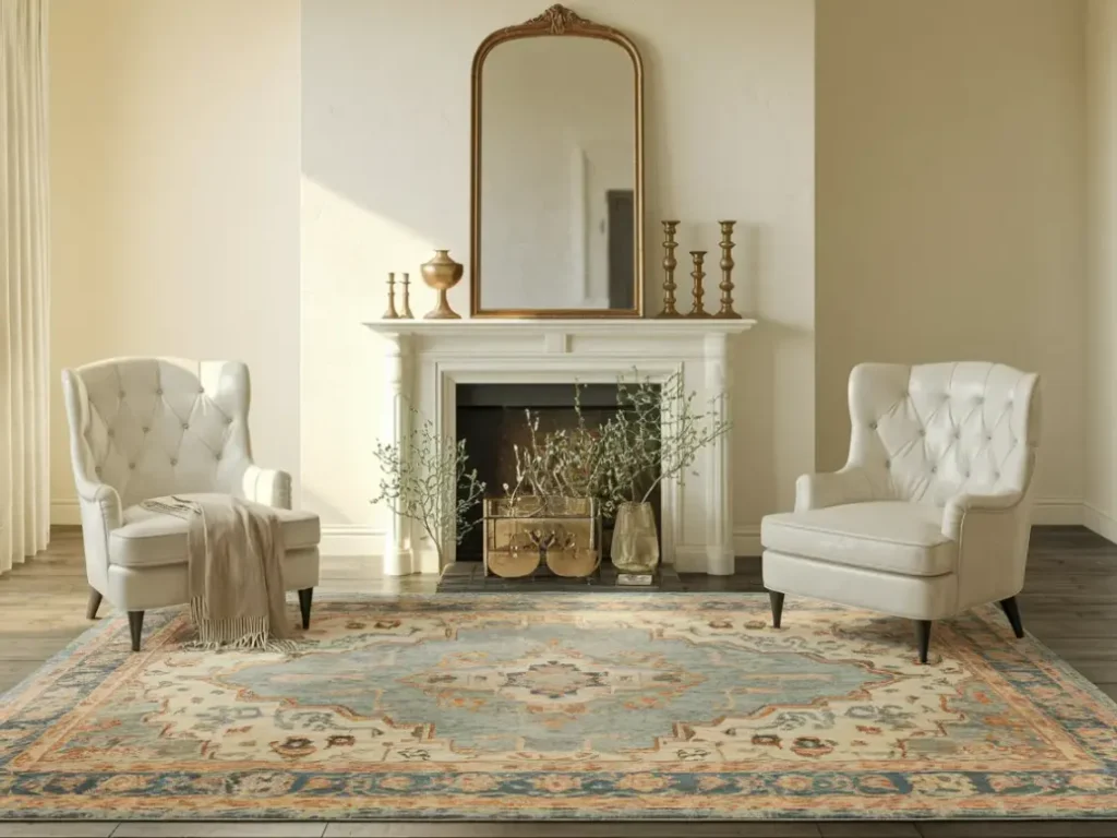 Faded vintage Persian-style rug in soft blue