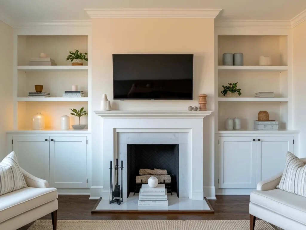 Fireplace mantel with TV and small stack