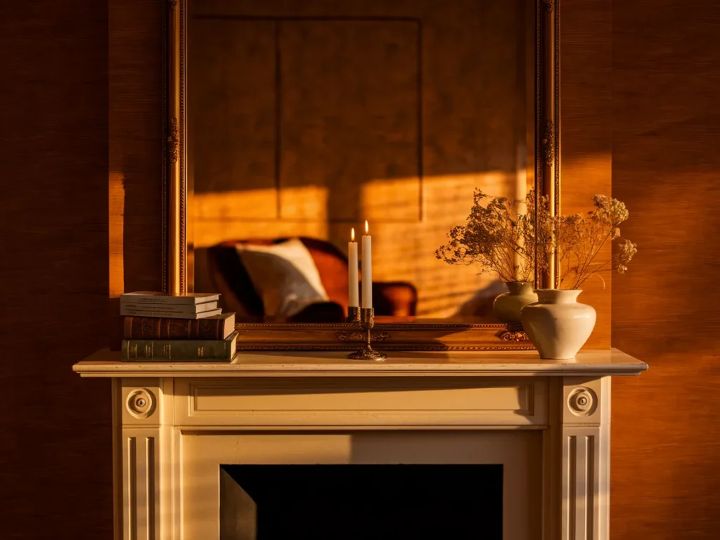 Fireplace mantel with large centered mirror above